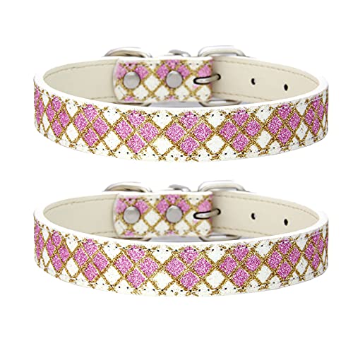 ペット首輪 犬首輪 犬の首輪 キラキラ 犬のリード首輪 耐久性 頑丈 調節可能 可愛い 革 おしゃれ 子犬用 ペット猫の首輪 散歩用 犬用ベーシック首輪 手作り カラー L サイズ ホワイト 2セット