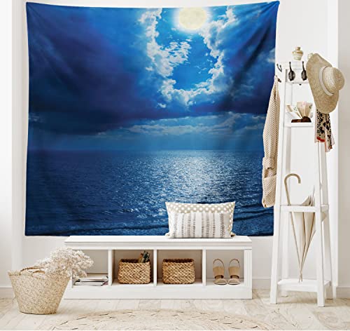 Lunarable Ocean Tapestry King Size, Romantic Full Moon Between Clouds over a Quiet Dramatic Sea Tranquil Image, Wall Hanging Bedspread Bed Cover Wall Decor, 104" X 88", Navy Blue