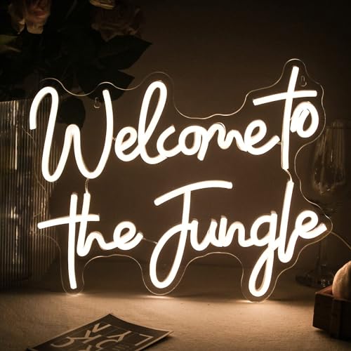 Image of ineonlife Welcome to the Jungle Neon Sign Green Letter LED Neon Lights for Bedroom Wall Love Oh Baby for Room Decor Bar Party Wedding Engagement Wall Hanging Decor USB Powered (White)