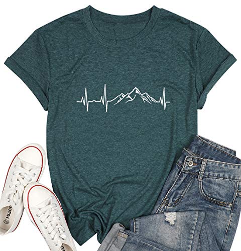 Myhalf Hiking Shirts Women Mountain Heartbeat T Shirt Camping Travel Graphic Casual Short Sleeve Tee Tops A-Dark Green #TOP6