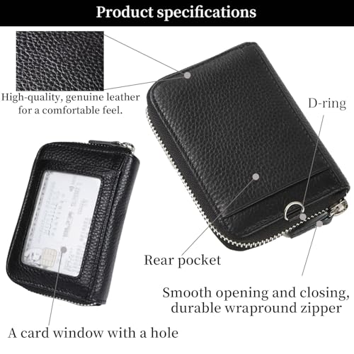 Minimalist Zipper Leather Wallets Credit Card Holder Card Cases with ID Window and Retractable Keychain for Men Women Black3