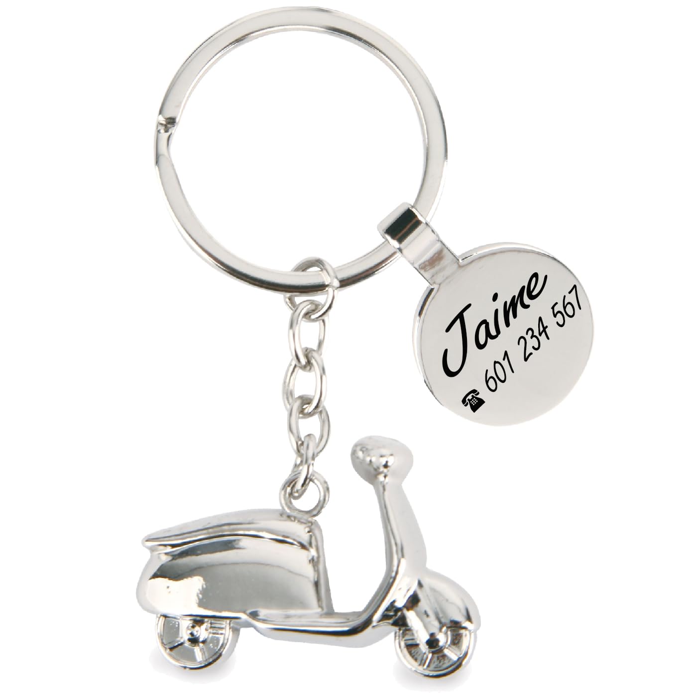 Llavero Personalizado Moto Scooter/Vespa Con Grabado Láser • Llavero Con Nombre Y Mensaje • Regalo Original Para Amantes De La Moto, Pareja, Hombre, Mujer (Scooter/Plateado)