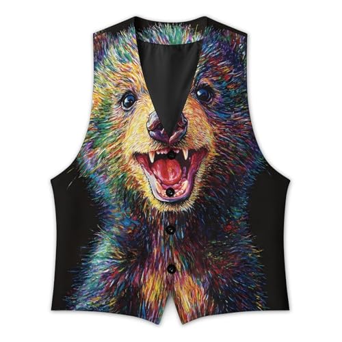 Smiling Bear Art Poster Casual Suit Vest for Men Formal Business Dress Regular Fit Waistcoat Tuxedo2