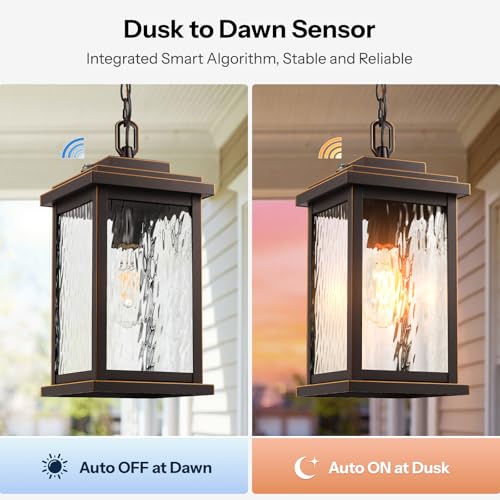 Image of Gleamz Large Outdoor Pendant Lights for Porch, Anti-Rust Hanging Light | Oil Rubbed Bronze (Gold Trim), Dusk to Dawn Exterior Hanging Lighting Fixtures for House, Easy Installation, 1-Pack, No-Solar