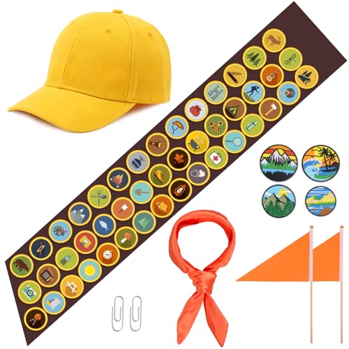 Dreamtop Scout Costume Set Explorer Costume Accessories with Adventure Sash Patches Hat Neckerchief Flags for Adults Men Women Party Explorer Cosplay