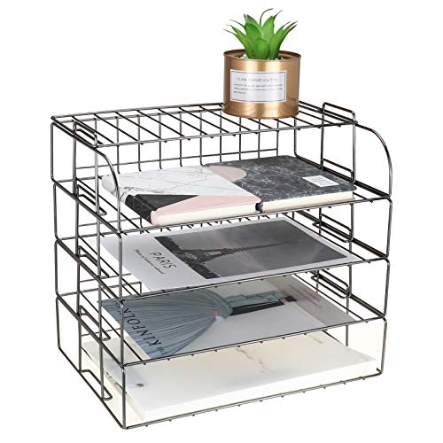 LEORISO 4-Tier Stackable Letter Tray, Dark Gray Desk Organizer, Metal File Organizer Tray, Paper Holder Rack, Desk Accessories for School Home Office Supplies