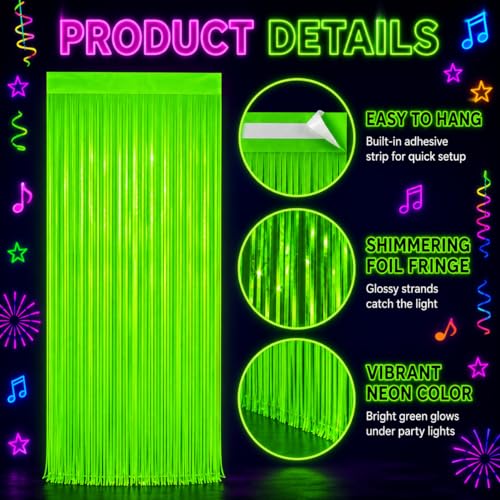 Image of 4 Pack Glow in The Dark Curtains Party Supplies 6.6 x 3.3 Ft Glow Tinsel Foil Fringe Curtains Photo Booth Prop Backdrop Streamer for Birthday Holiday Neon Party Decorations
