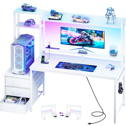 AODK ゲーミングデスク パソコンデスク コンセント&LED付き 幅140cm（約 ） 机 pcデスク ゲームデスク gaming desk 引き出し＆モニター台付き ゲーミングテーブル 棚付き 左右入れ替え対応 カーボン調ホワイト