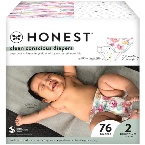 Image of The Honest Company Comfort Dry Disposable Diapers Plant-Based Sustainable Young At Heart and Rose Blossom Club Box Size 2 12-18 lbs 76 Count
