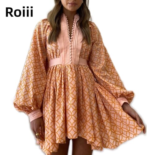 Roiii Women A-Line Lace Loose Baroque Button Down Long Sleeve Casual Dresses V Neck Embroidery Party Short Dress2