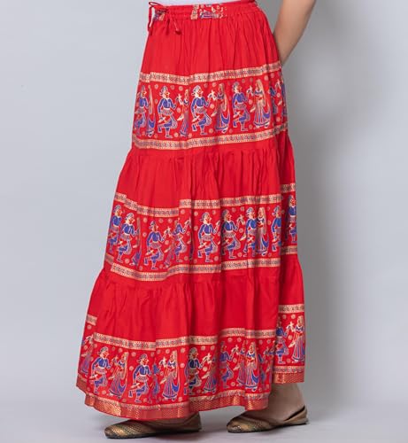 Image of Women's Cotton Printed Long Skirt | Ethnic Folk Print Tiered Maxi Skirt for Women | Elastic Waist Flared Boho Skirt | Traditional Casual for Women