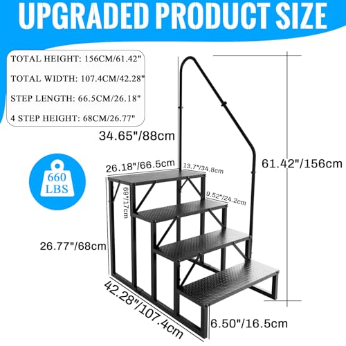 Image of RV Stairs 4 Step Ladder, RV Steps Anti-Slip, Hot Tub Steps with Handrail, 660 lbs RV Ladder for 5th Wheel RV, Mobile Home Stairs