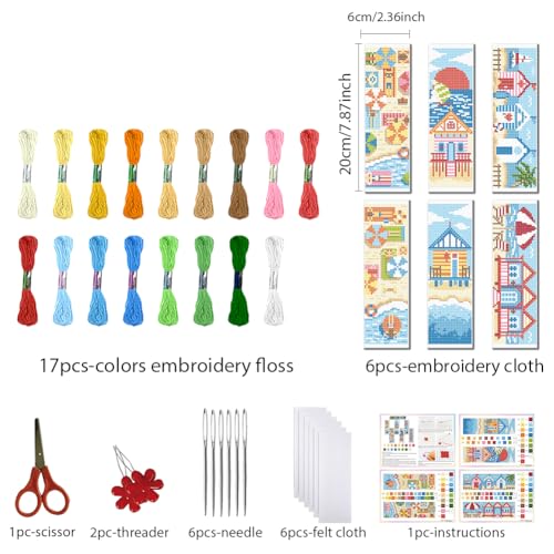 Image of FREEBLOSS 6 PCS Cross Stitch Bookmark Kits for Beginner Summer Beach Scenery Stamped Cross Stitch Kit DIY Embroidery Bookmark Kit with Instructions 8'' x 2.4''