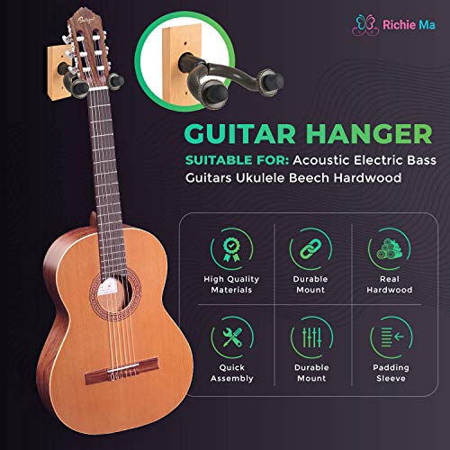 Guitar Wall Mount Hook Hanger - Music Stand Holder For Ukulele, Acoustic, Bass, Electric Guitars, Banjo, Mandolin And Violin. 2 Pack Wood Hangers With Mounting Screws Hooks And Accessories (Brown)