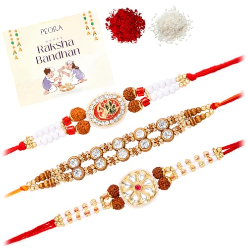 Image of Peora Rakhshabandhan Thread Rakhi for Brother Bhaiya | Crystals & Kundan Studded | Combo, Set of 3 | Rakhi Hamper with Roli Chawal & Greeting Card