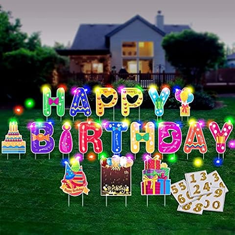 HOMENOTE 18Pcs Happy Birthday Yard Signs with Stakes, 2 x 5m LED Lights and Personalized Signs, 16” Large Size - Birthday Letters Signs for Yard Lawn Outdoor Birthday Decoration Party Supplies Cover