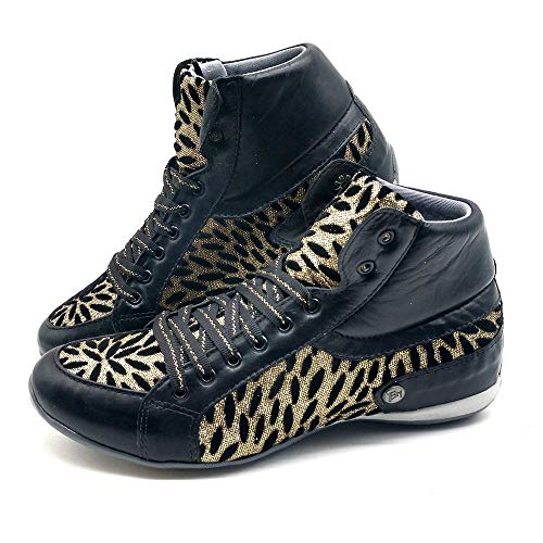 Tenis Feminino Academia Couro Leve Bm Brasil 230 Preto e Dourado 36