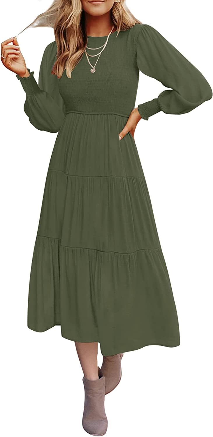 SIMPLEWORD Long Sleeve Dress for Women 2023 Spring Casual Smocked Flowy Tiered Boho Midi Dresses