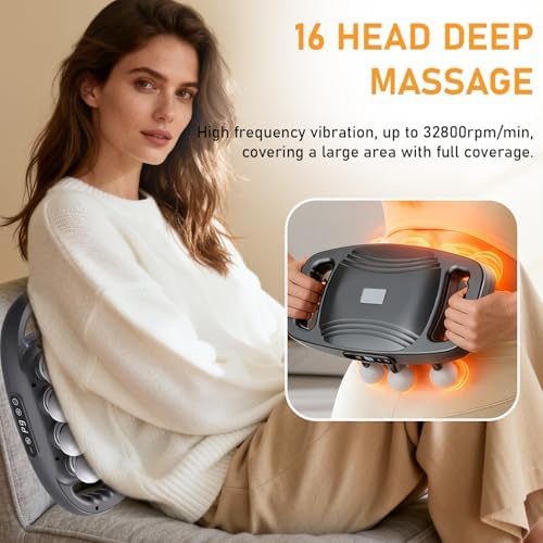 16-Head Massage Gun Deep Tissue Massager, Portable Back Massager with 9 Modes & 9 Intensities, 16-Head Wide Coverage, 50kg Deep Pressure, for Neck, Back, Shoulders, Legs (Basic)
