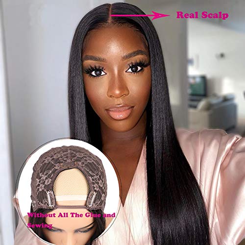 DaiMer 24 inch Straight U Part Wigs Human Hair No Lace Glueless 100% Unprocessed Remy Brazilian Hair U-part Wigs for Black Women With Clips In Extensions Natural Color - Image 3