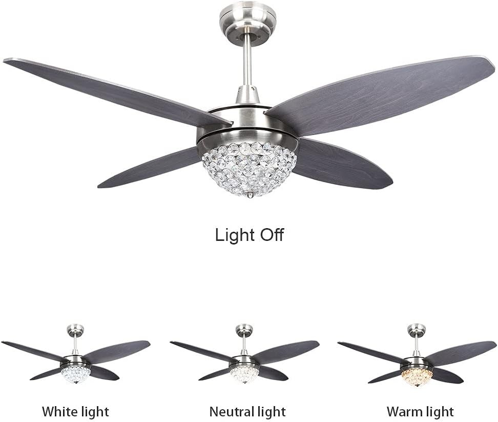 Super Big Clearance! Tropicalfan 48 Crystal Ceiling Fan with Light and Remote, Glam Chandelier Fan, Modern Electrical Fan with 5 Wood Reversible Blades for Home Decoration, Living Room, Bedroom (Chrome)