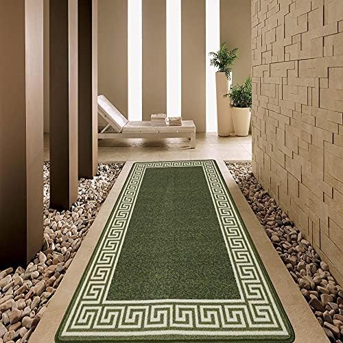 Door Mats Inside Non Slip Super Absorbent Heavy Duty Washable Bath Mat - Jute Back Floor Mats for Kitchen Office Chair Front Doormat Indoor | 40 X 60 cm - Greekey Green & Cream