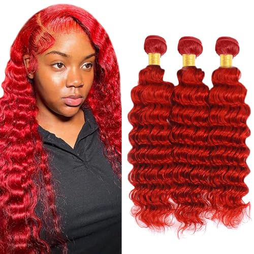 Red Bundles Human Hair Deep Wave Bundles 22 22 22 Inch Unprocessed Brazilian Virgin Remy Hair Wine Red 3 Bundle Burgundy Deep Curly Human Hair Extensions for Women 50 Gram Per Bundle