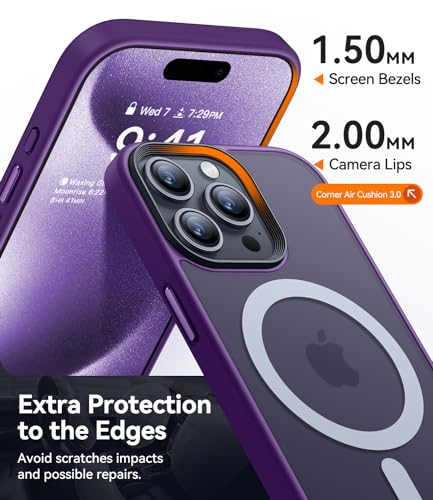 Image of CANSHN Magnetic Compatible with iPhone 15 Pro Max Case [Translucent Matte] [Compatible with Magsafe] Slim Thin Shockproof Protective Bumper Cover Phone Case 6.7 Inch - Deep Purple