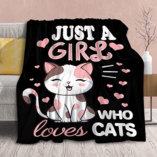 Image of Cat Blanket Plush Gift for Kids Women Comfy Throw-Just A Girl Who Loves Cats-Soft Lightweight Kawaii Kitten Quilt Cozy Sheet Cute Animals Flannel Blankets for Halloween Couch Chair-40x50 Inches