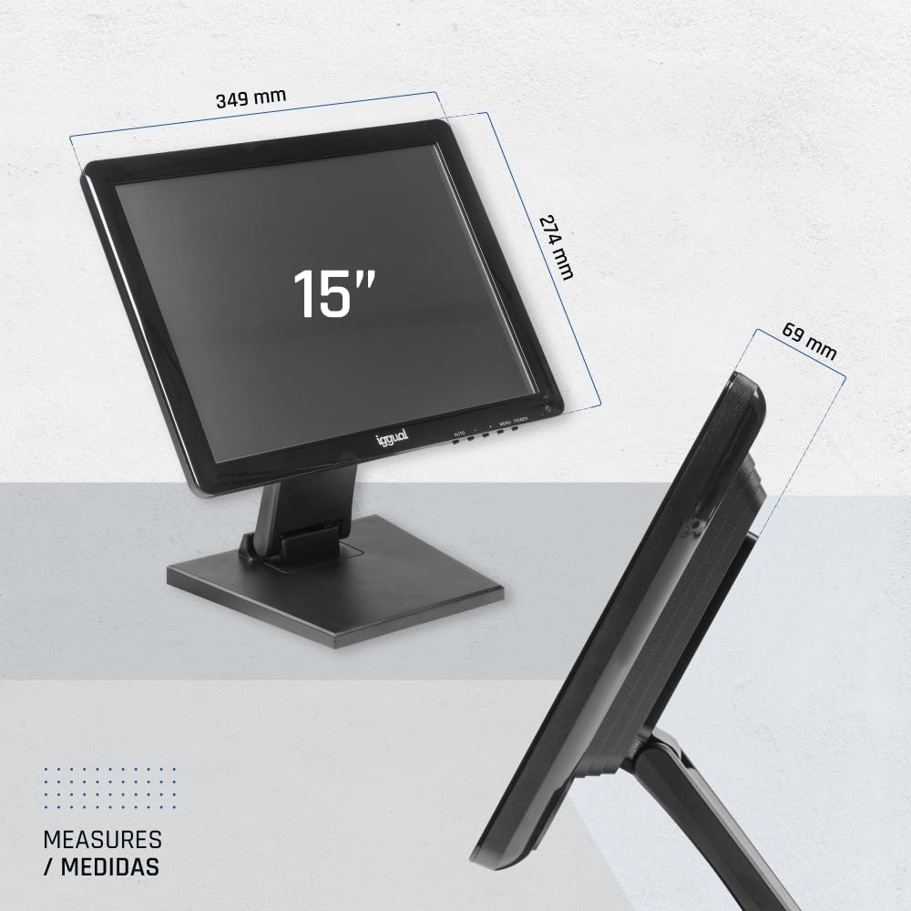 iggual Monitor Táctil de 15" - Compat Aplicaciones TPV- Panel Resistivo 75Hz TFT LCD (4:3)- SO: Wind XP hasta 11,MS-Dos, Linux- VESA 75x75mm- USB-A + VGA+HDMI, 1.024x768 XGA (349x274x69) MTL15C