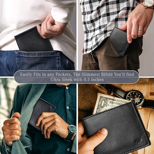 Image of Leather Wallet for Men, Gifts for Men, Handcrafted Minimalist Mens Slim Bifold Wallet, Anti-Theft RFID Blocking Wallet for Men's, Bi-fold -Black