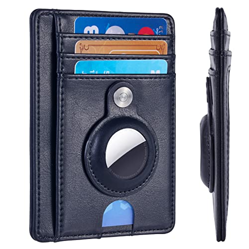 Mutural Slim Minimalist Wallet for Men with Detachable Case Holder for Airtag, Leather Front Pocket Wallet Credit Card Case (Blue)