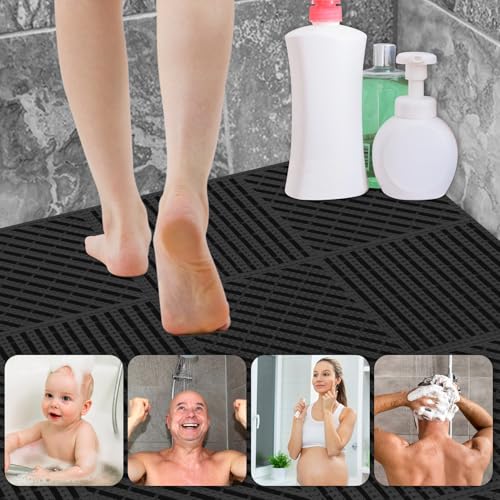 Image of ToLanbbt Modular Interlocking Cushion 12P 11.8 inch x 11.8 inch Interlocking Rubber Floor Drain Holes Non-Slip Splicing Drainage Mats for Deck, Shower, Kitchen, Drain Pool, Sauna Bath (Black, 2 Rows Dots)