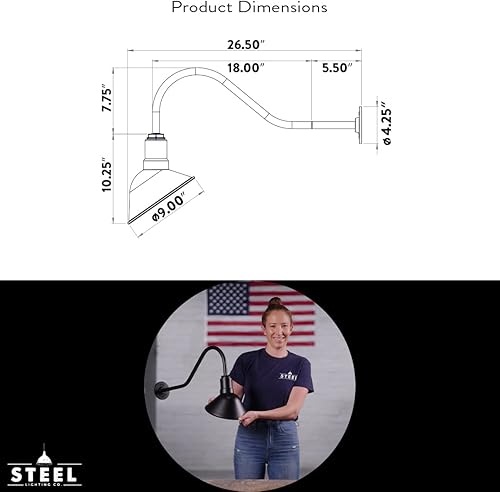 Miniatura 2 de Steel Lighting Co. Venice Store - Letrero de luz para pared de restaurante al aire libre, cúpula de 9 pulgadas, cuello de cisne de 23 pulgadas,