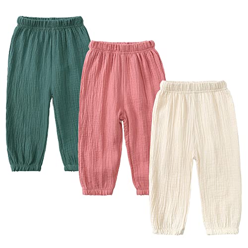 Image of MYGBCPJS Baby Boys Girls 3 Pack Cotton Linen Long Bloomers Ankle Length Trousers Kids Lightweight Elastic Waist Harem Pants