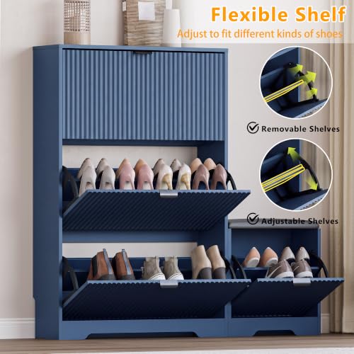 Image of BORNOON Slim Shoe Cabinet with Bench for Entryway, Hidden Storage and Adjustable Shelves, Free Standing Wooden Shoes Organizer for Hallway, Foyer