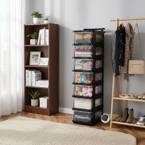 Image of Aliensware 7Layer Plastic Storage Drawer Organizer with Wheels, Modular Cabinet for Home, Office, School, Hospital, Parlor, Morden Kitchen,Clothes, Toys Organiser for Kids Room-Aliens-Clear Black