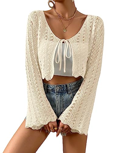 Image of Verdusa Women's Tie Front Crop Cardigan Bell Long Sleeve Scalloped Lightweight Knit Tops Summer Beach Cover Up