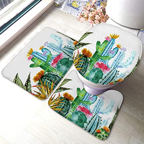 Badezimmerteppich-Set, 3-teilig, Tropische Kaktusblüte, waschbare Badeteppiche, rutschfest, mit Rückenpolster, Konturteppich und Toilettendeckelbezug