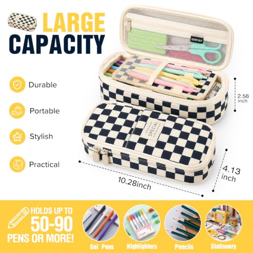 Image of Pencil Case, Large Capacity Aesthetic Pencil Cases with Durable Zipper, Big Stationery Pencil Pouch for Women & Men , Adults Portable Storage Organizer Bag for College, Office, Travel (Black Grid)