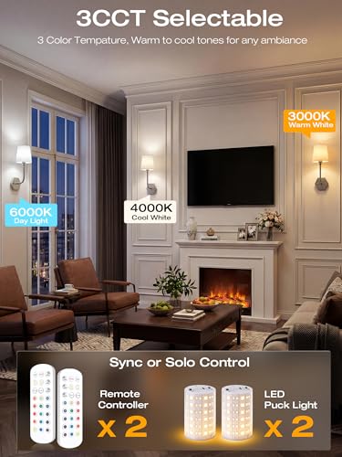 Image of CLOUDY BAY 10000mAh Battery Operated Wall Sconces,Up to 100 Hours with Rechargeable RGB Dimmable Magnetic Bulb,Cordless Wall Lighting Fixtures with Remote for Bedroom,Brushed Nickel,2 Pack-17.9inch