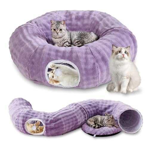 Image of Bubble Cat Tunnel for Indoor Cats, Round Peekaboo Cave Toy with Dangling Balls, Donut Tunnel Bed with Circle Mat for Puppy Kitten Rabbit, Dusty Purple