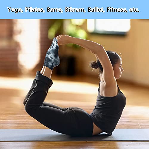 Bqmla Non Slip Yoga Socks For Women With Grips, Colorful Tie Dye Cushioned Crew Socks For Barre Ballet Dance, Black And Blue Size 5-10 #TOP2