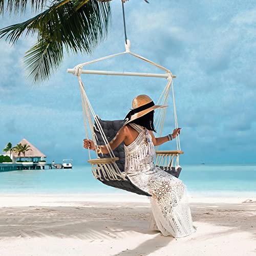 Image of Hammock Chair Hanging Swing with Wooden Armrests;Steel Spreader Bar and Anti-Slip Rings;Cotton Woven Fabric;Up to 300 Lbs for Bedroom,Patio,Porch,Deck-Indoor Outdoor Grey