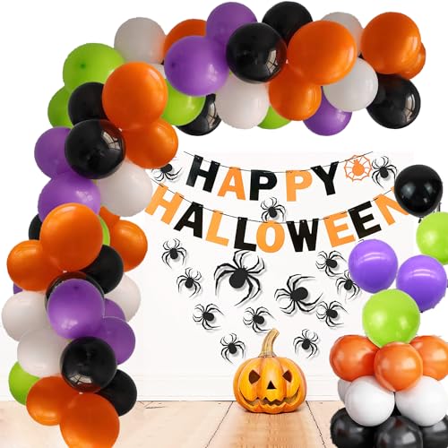 Image of 100pcs Halloween Balloons w /Ribbon 12 Inch for Halloween Party Decorations | Black Orange White Purple Green Balloons for Halloween Party Decorations