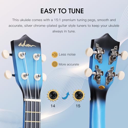 Image of ADM Ukulele for Beginners Hawaiian Wood Ukelele Kit for Kids Adult Student Starter Professional Ukalelee Pack Bundle with Free Lessons Gig Bag Strap Nylon String Tuner (Bluebrust, 21 Inch)