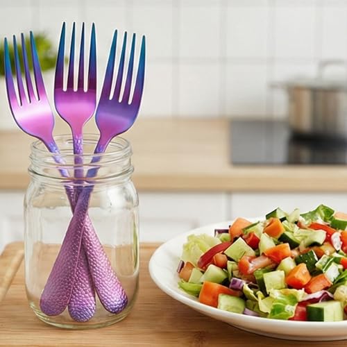 Image of 6.7 inch Rainbow Hammered Salad Forks | Set of 5 Durable Stainless Steel Fruit Forks | Mirror Polished Silverware for Home, Restaurants, and Gift Giving