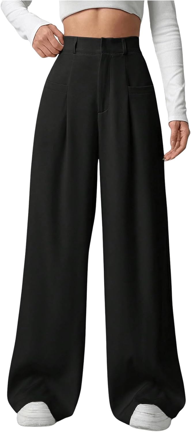 GORGLITTER Women's Office Work Wide Leg Fly Pleated Dress Pants Zipper High Waisted Loose Trousers - Image 5