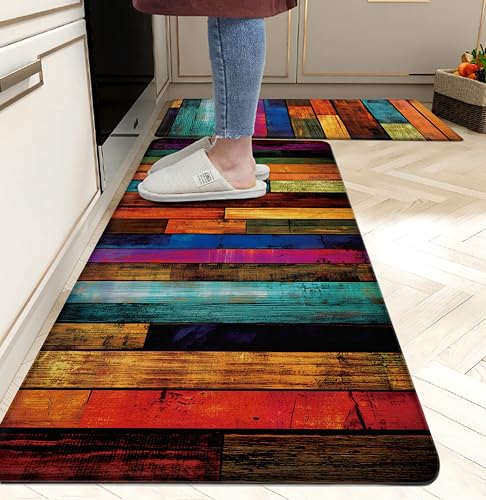 chiinvent Colorful Kitchen Rugs Kitchen Mats for Floor Wooden Anti Fatigue Kitchen Mats Waterproof Floor Mats Cushioned Non-Skid Standing Mats for Laundry, Sink, Set of 2,17.3 x 28+17.3 x 47 Inch