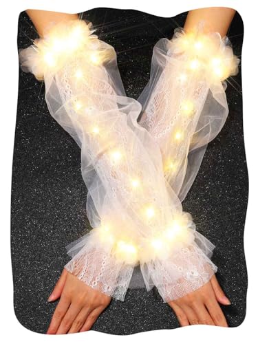 White Fingerless Light Up Gloves Lace Long Arm Sleeves for Women